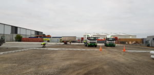 Cement trucks deliver Permaforce fibre reinforced concrete slurry to the slab site